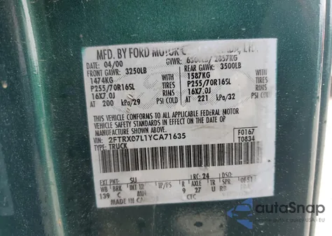 2000 Ford F150 from USA, damaged, VIN 2FTRX07L1YCA71635